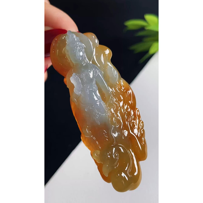 缅甸天然A货玉石翡翠 老坑冰种 手工精雕 黄翡玉凤观音吊坠
