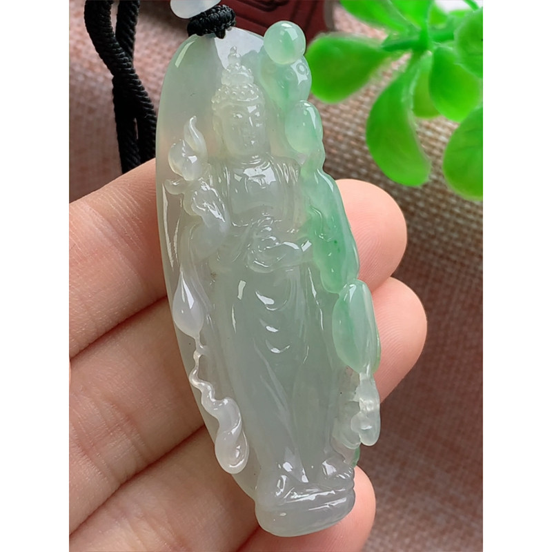 缅甸天然A货玉石翡翠 老坑冰种 手工精雕   阿弥陀佛菩萨牌吊坠
