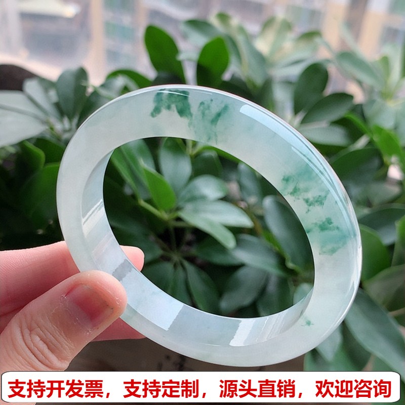 缅甸A货天然翡翠 老坑冰种飘花厚装正装正圈手镯60-61大圈口 完美
