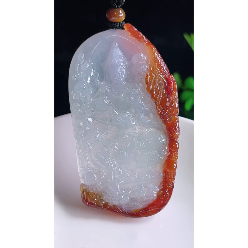 缅甸天然A货玉石翡翠 老坑冰种红翡祥龙大势至菩萨吊坠