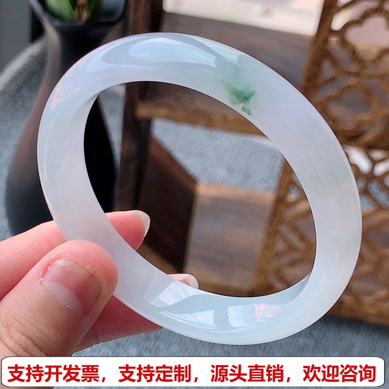 缅甸A货天然翡翠 老坑冰种飘花正装正圈手镯54-55圈口