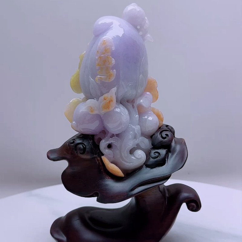 缅甸天然A货玉石翡翠 老坑冰种紫罗兰飘黄翡寿桃吊坠