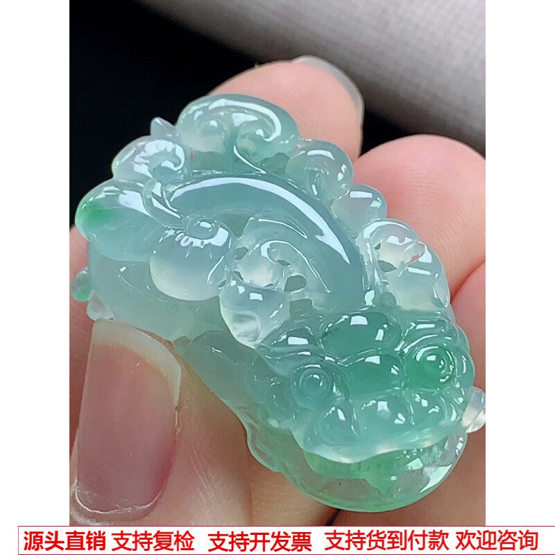 缅甸天然A货玉石翡翠 老坑冰种手工精雕绿貔貅吊坠