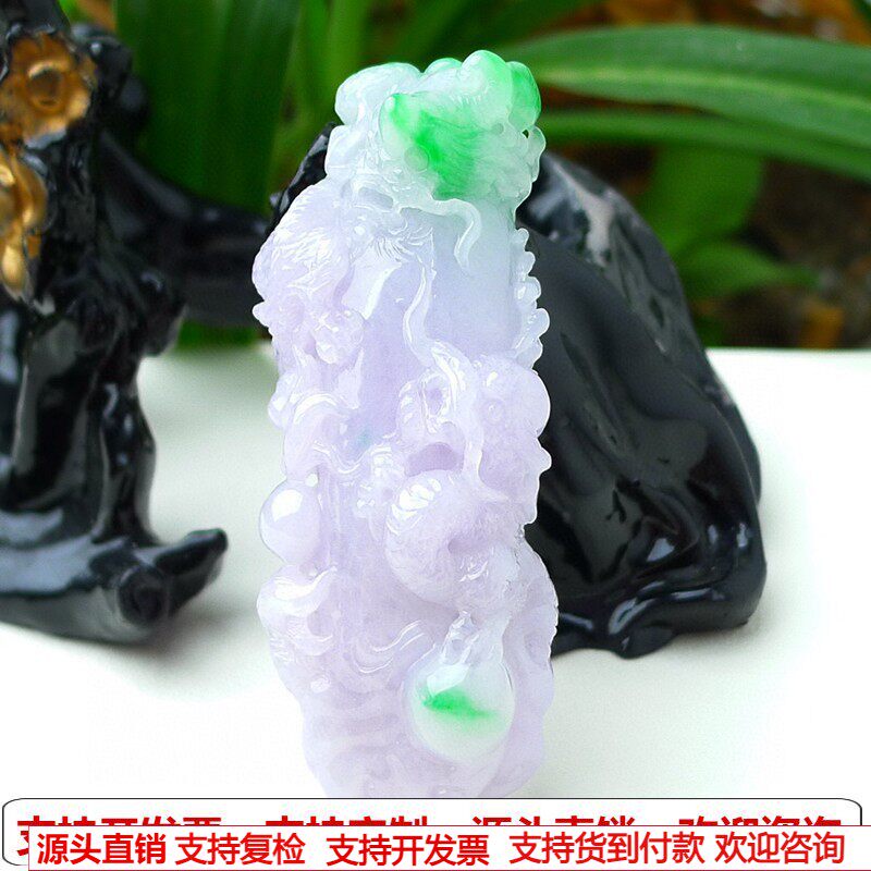 缅甸天然A货玉石翡翠挂件老坑冰种 春彩飘绿色龙柱挂件