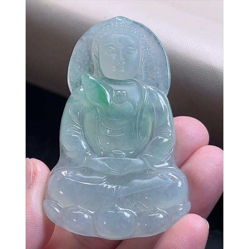 缅甸天然A货玉石翡翠挂件 精雕老坑冰种飘绿大日如来佛吊坠