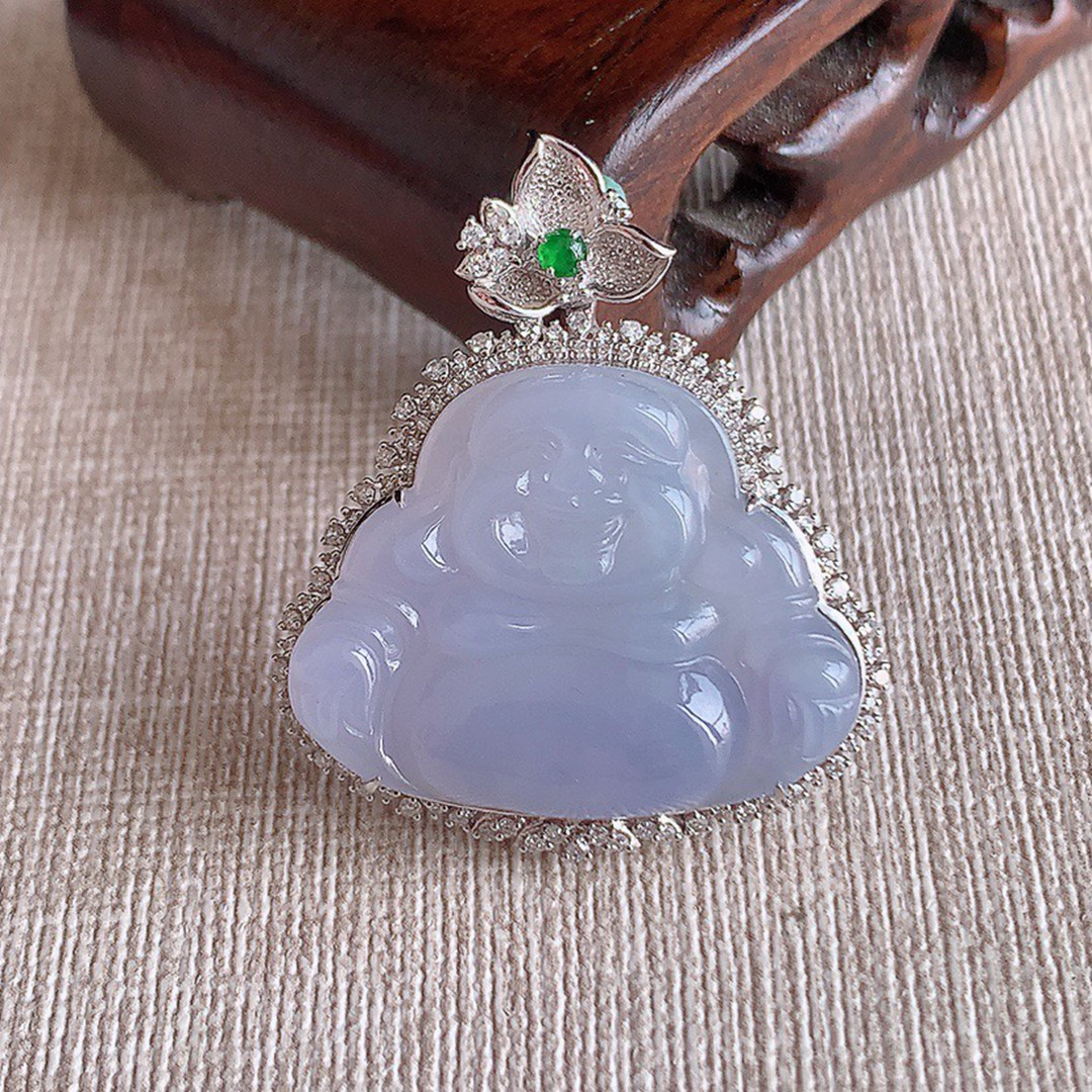 缅甸天然A货玉石翡翠 老坑冰种 手工精雕18K金伴钻紫罗兰佛公吊坠