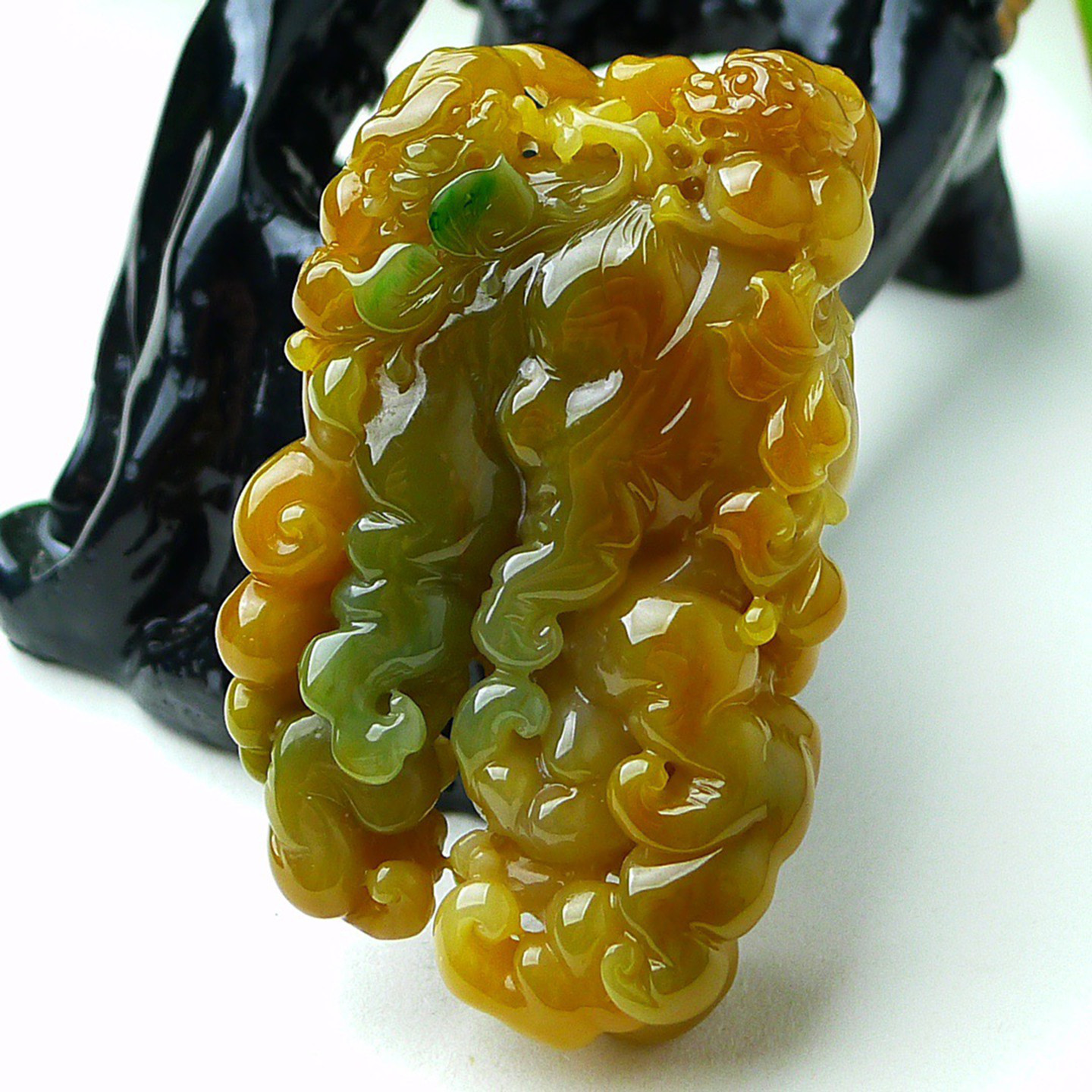 缅甸天然A货玉石翡翠 老坑冰种手工精雕三彩黄加绿佛手吊坠