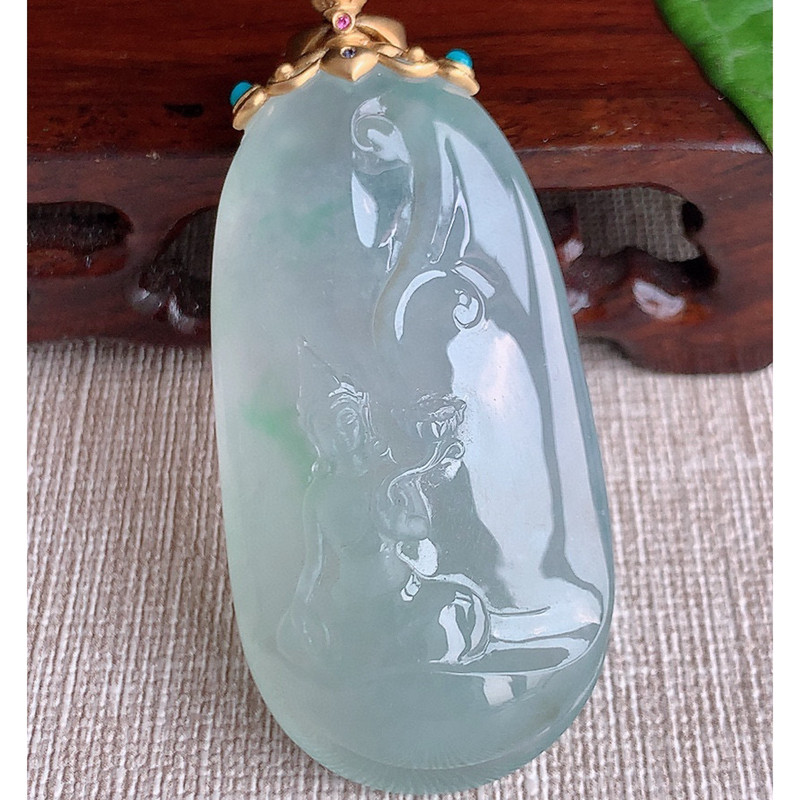 缅甸天然A货玉石翡翠 老坑冰种18K金镶嵌晴水大势至菩萨吊坠