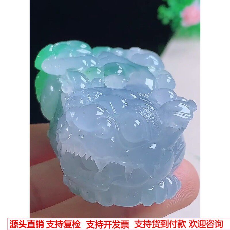 缅甸天然A货玉石翡翠 老坑冰种春彩紫绿霸王貔貅吊坠