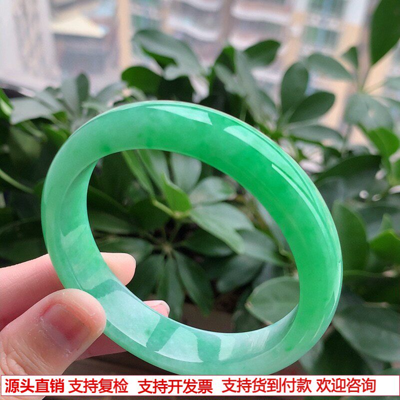 缅甸A货天然翡翠 老坑冰种满绿正装正圈手镯59-60大圈口