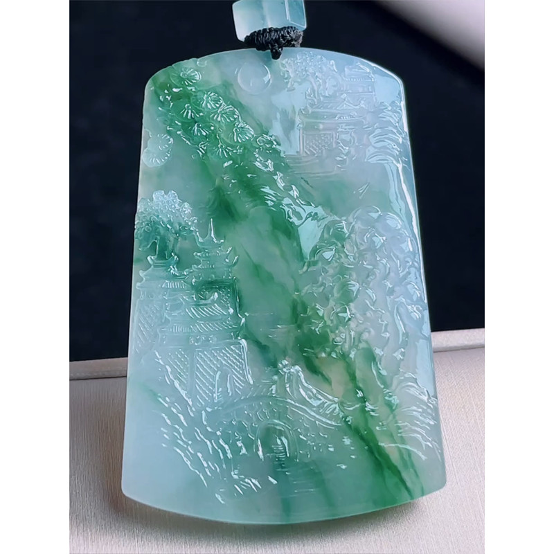 缅甸天然A货玉石翡翠 老坑冰种 手工精雕 飘花精雕山水牌吊坠