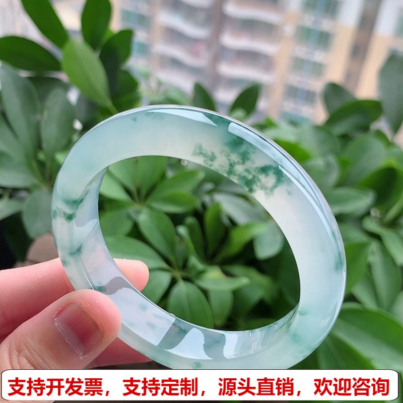 缅甸A货天然翡翠 老坑高冰种冰飘花正装正圈手镯55-56圈口 完美