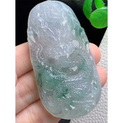 缅甸天然A货玉石翡翠 老坑冰种 手工精雕 飘花龙牌吊坠
