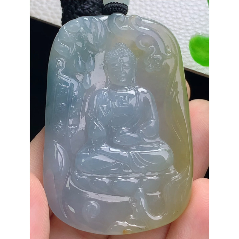 缅甸天然A货玉石翡翠老坑冰种手工精雕紫飘黄阿弥陀佛菩萨牌吊坠