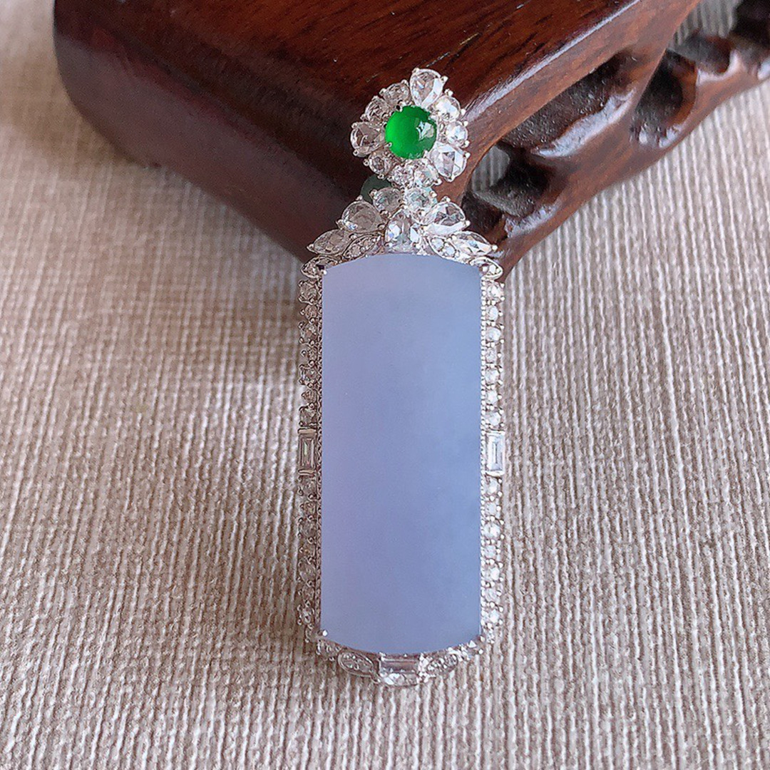 缅甸天然A货玉石翡翠老坑冰种手工精雕18K金伴钻紫罗兰无事牌吊坠