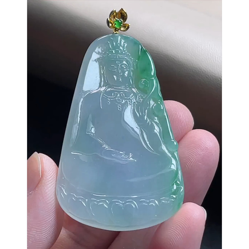 缅甸天然A货玉石翡翠挂件 精雕老坑冰种金扣飘绿观音吊坠