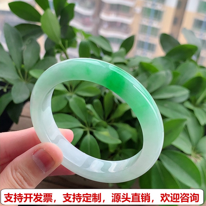 缅甸A货天然翡翠 老坑冰种飘阳绿正装正圈手镯55-56圈口 完美