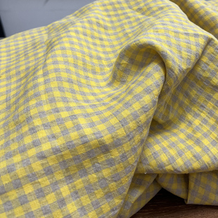 布久以逅砂洗纯亚麻雨露小格子布料裤子衬衫旗袍面料服装休闲面料