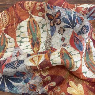 布久以逅波西米亚风苎麻印花布料夏季连衣裙女装设计师面料 蝶序