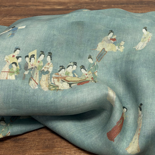 布久以逅莫兰迪绿底古风侍女数码印花苎麻面料汉服上衣布料 三木