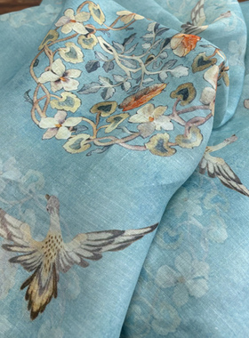 布久以逅新中式苎麻印花连衣裙汉服上衣布料旗袍国风面料  布语