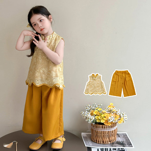 背心阔腿裤 汉服女童国风无袖 儿童新中式 夏2025新款 炸街套装
