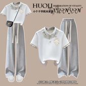 阔腿裤 中学生感套装 t恤夏季 学院风polo领短袖 两件套 2024新款