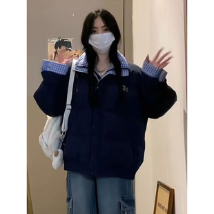 2024冬季 设计感双层领假两件棉服女百搭拼接学生宽松保暖 新款