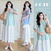 宽松小清新泡泡袖 衬衫 娃娃衫 孕妇装 半身裙套装 新款 上衣 2025夏季