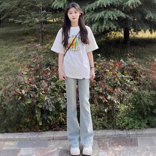 浅色微喇牛仔裤 直筒裤 女早春新款 美式 高腰显瘦百搭喇叭裤 高腰修身