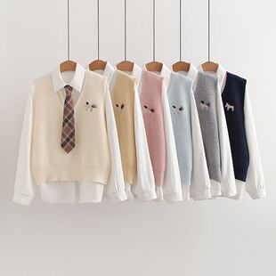 小马刺绣马甲衬衫领带两件套女2026春季学院风减龄可爱甜美套装