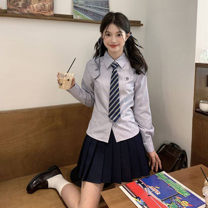 刺绣蓝色套装条纹jk原创制服衬衫收腰长袖上衣2024学院新款衬衣