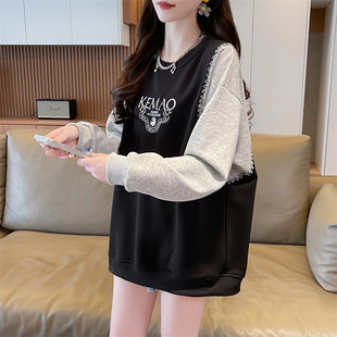字母刺绣长袖 跨境假两件卫衣女中长款 新款 秋季 甜美风宽松大码