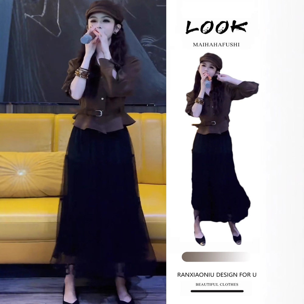 富家千金miu系套装女秋季高级感法式收腰夹克双层半身长裙两件套