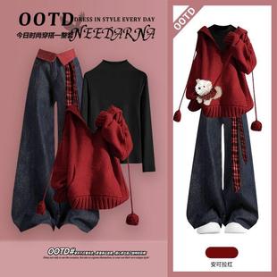 巨好看的圣诞穿搭红色针织毛衣女深冬装一整套韩式慵懒chic套装裤