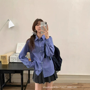 温柔学姐2025春夏蓝色格子衬衫 韩系宽松小个子休闲衬衣 女秋季