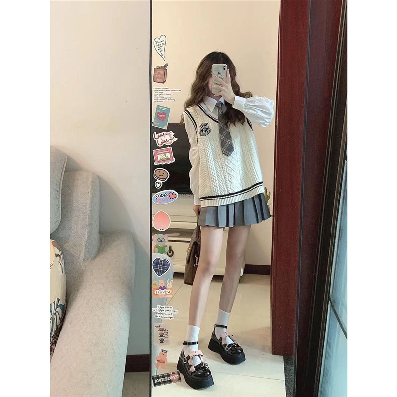 秋季盐系穿搭小个子炸街JK制服学院风衬衫马甲裙子时尚两件套装