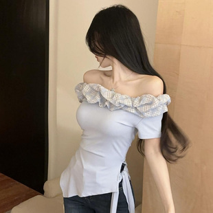 收腰上衣 纯欲风荷叶边露肩花边修身 小众设计感斜肩短袖 T恤女夏季