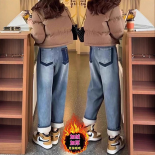 保暖宽松显瘦撞色九分老爹裤 梨形高腰加绒哈伦牛仔裤 女2025年冬季