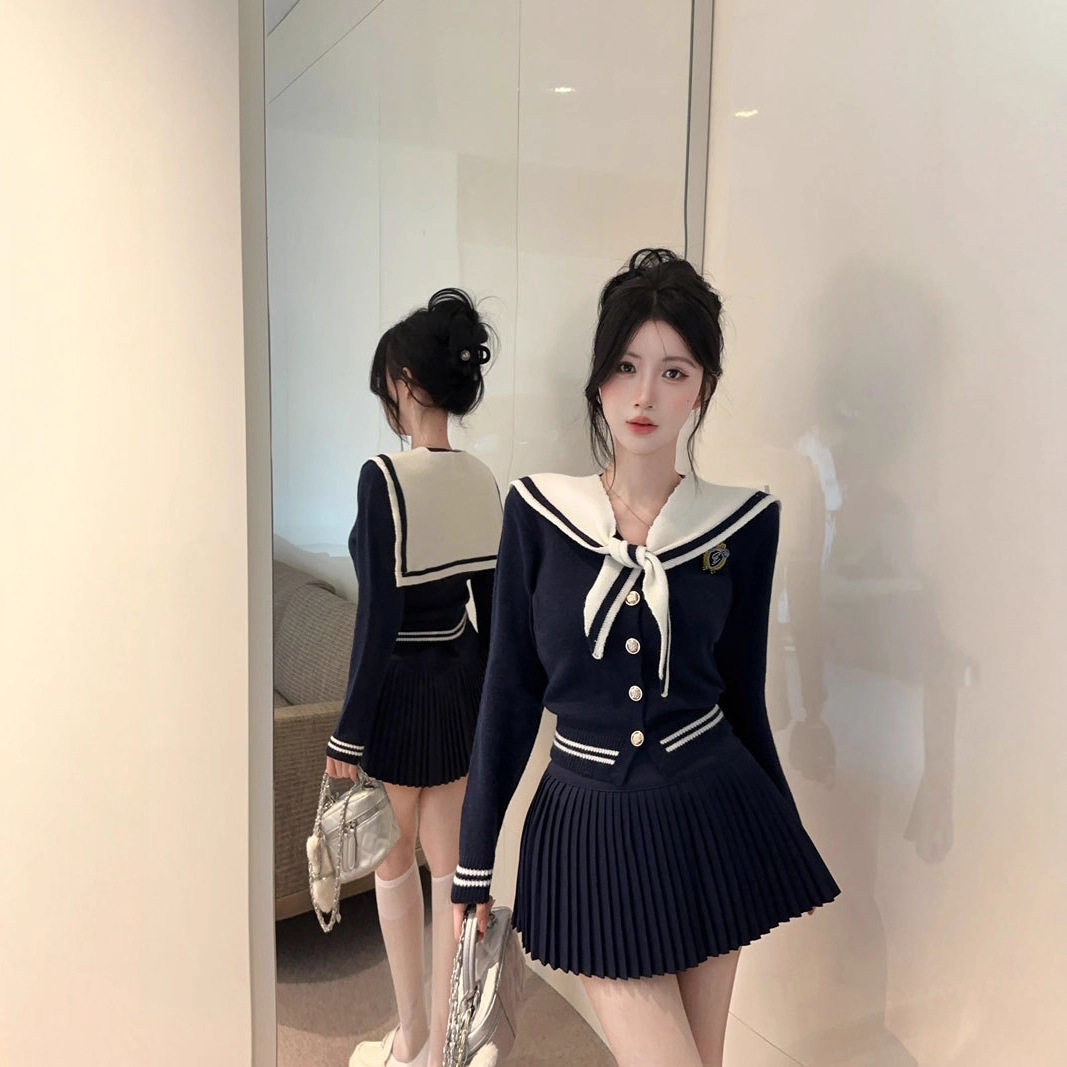 小个子学院风套装海军领绑带冬长袖收腰毛衣外套百褶短裙jk两件套