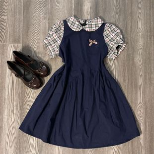 女宝韩版 格纹 复古甜美学院风宽松假两件连衣裙中大童夏季 新款