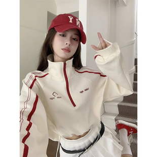 抽绳短款 外贸半拉链卫衣女设计感秋季 长袖 大码 上衣女 2025新款