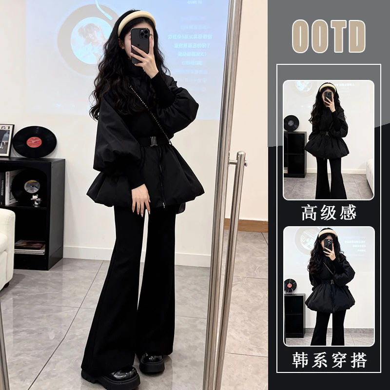 甜酷风独特洋气两件套韩版气质保暖棉衣外套遮胯黑色裤子潮女装,女装/女士精品,休闲运动套装,淘宝优惠券,粉丝福利购,淘宝优惠卷