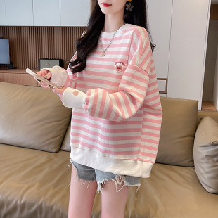 跨境卫衣女春秋薄款 条纹卫衣女 2025刺绣花潮流圆领慵懒风长袖