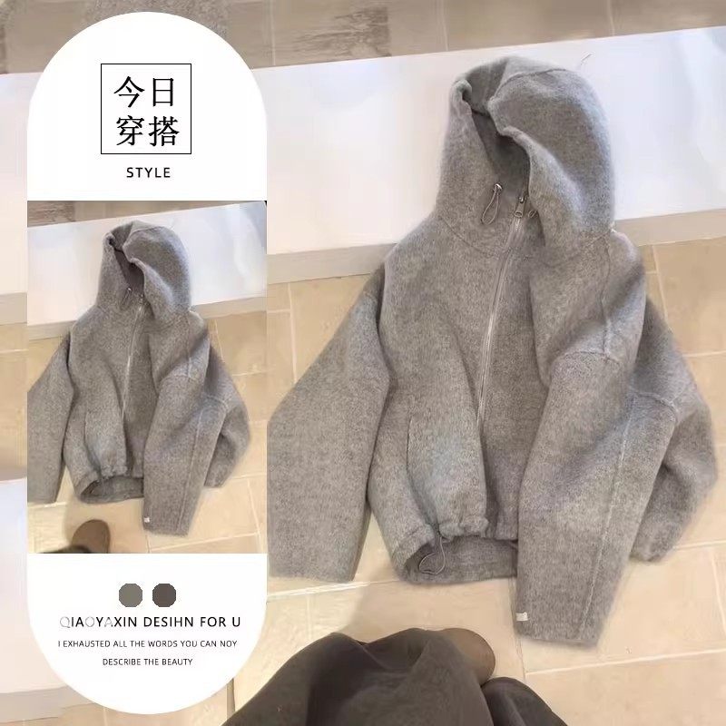 韩版气质宽松简约短款气质外套女2025冬季新款设计感连帽开衫毛衣,女装/女士精品,常规大码外套,淘宝优惠券,粉丝福利购,淘宝优惠卷