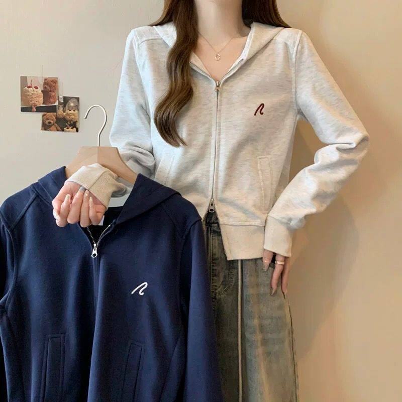 双拉链卫衣开衫女连帽长袖外套夏季美式短款宽松显瘦灰色chic