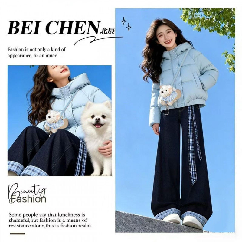冬季小清新少女穿搭套装韩版宽松加厚棉服外套设计感牛仔裤两件套