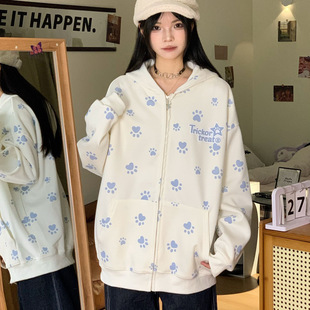开衫 跨境狗爪印花卫衣女2025秋季 拉链中长款 薄款 连帽外套 新款