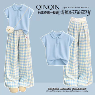 2025青少年学院Polo领T恤蓝色休闲两件套 套装 大童夏季 阔腿格子裤