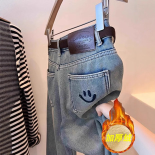 高腰哈伦裤 口袋笑脸刺绣百搭直筒牛仔裤 加绒保暖老爹裤 新款 女冬季